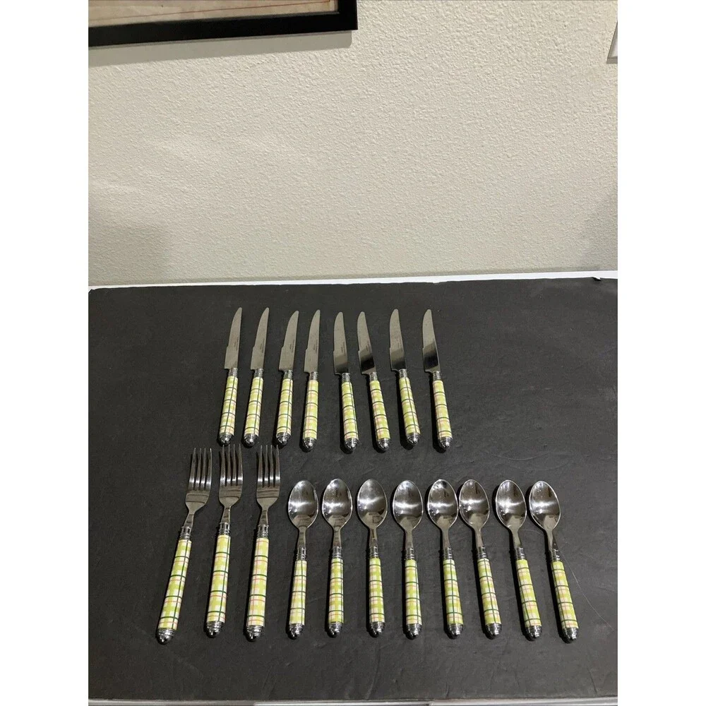 Vintage Hampton Silversmiths Plaid Flatware Set 19 Pc Yellow Orange Gingham 226